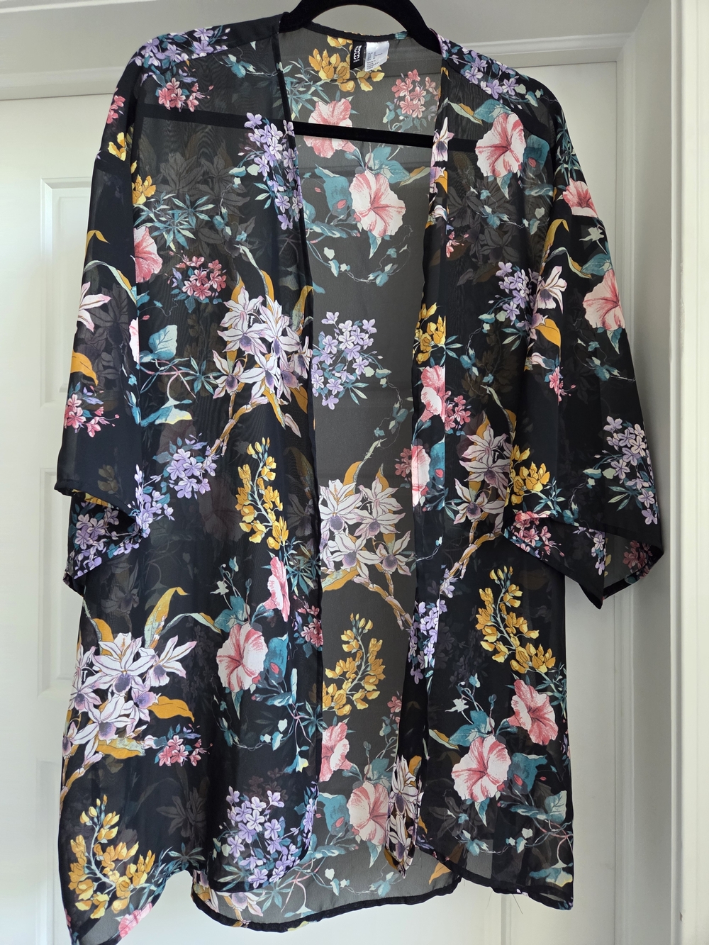 Sheer Black Floral Kimono - Lightweight Women's Cover-Up Top